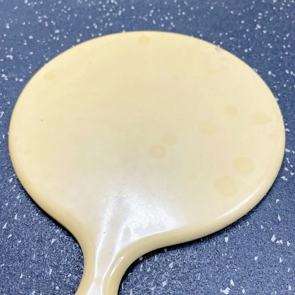Vtg MCM French Ivory Celluloid Round Beveled Vanity Hand Mirror‎ 12 1/2